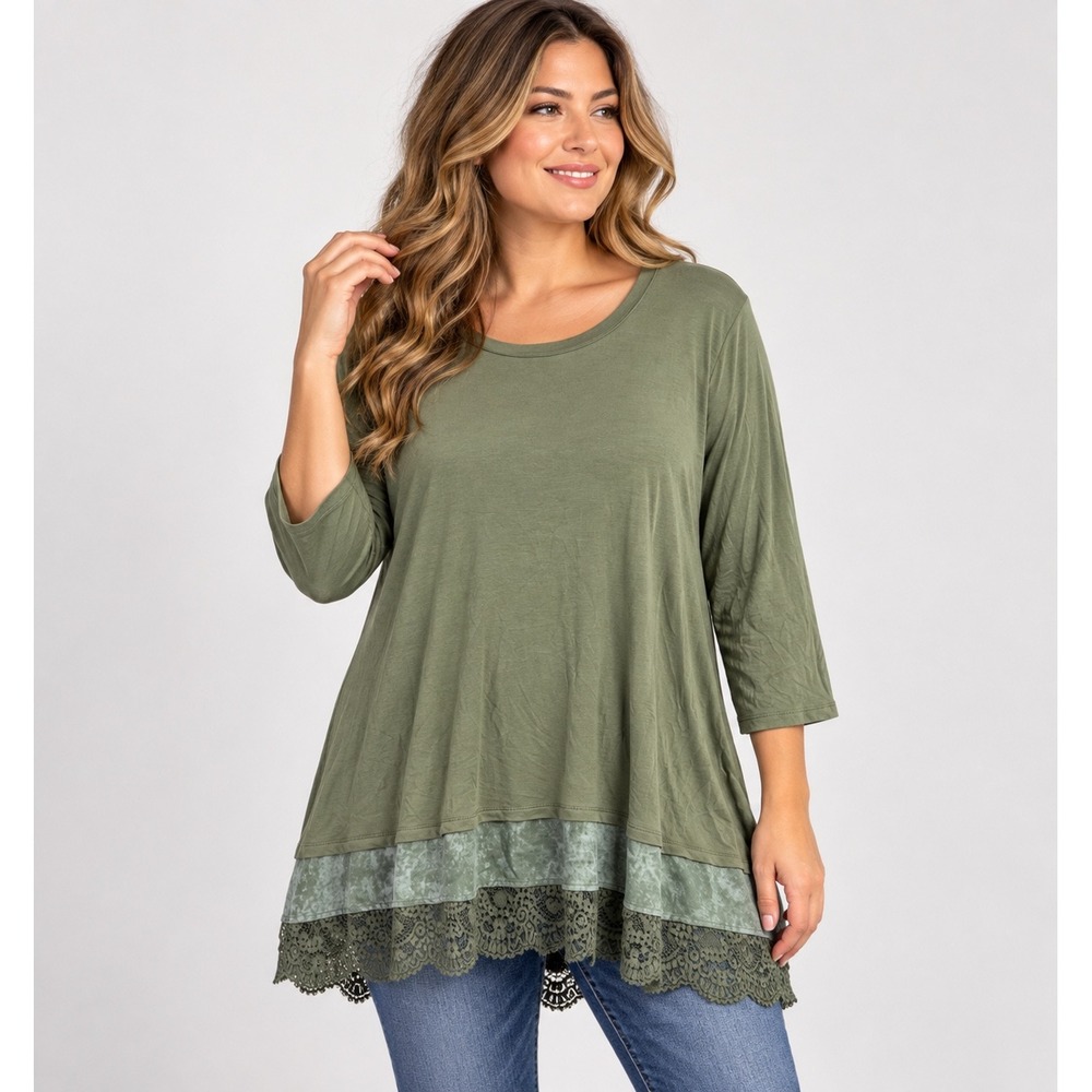 LOGO Lori Goldstein Tunic Top Women XL Olive Green Lace Velvet Hem 3/4 Sleeve